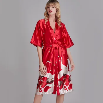 

Women's night wear summer cool Crane printing lacing bath robe plus-size ladies Silk imitation nightgown night dress