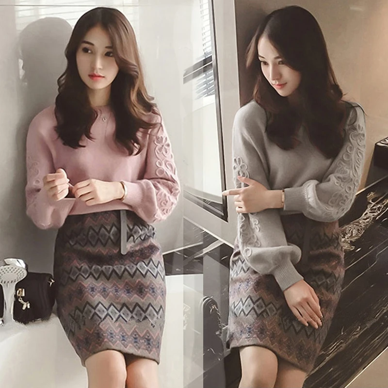 

XL-4XL Women winter Korean embroidery knitting sweater +two piece Tweed wool 2 piece Geometric print Skirt set
