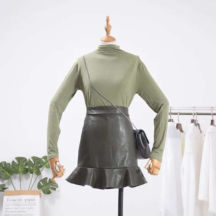 

2019 Spring New Style Versitile Fashion Retro CHIC Flounced Leather Skirt Autumn Slim Fit Sheath