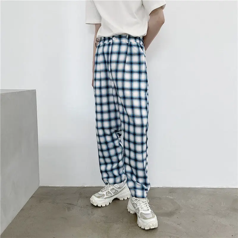 

Spring Summer Plaid Pants Men's Fashion Hit Color Retro Casual Straight Pants Men Streetwear Wild Loose Korean Trousers Mens
