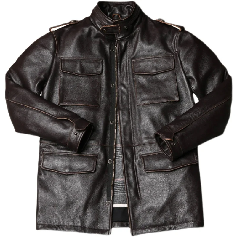 mens sheepskin flying jacket 2022 Brown Safari Style Genuine Leather Jacket Men Four Pockets Plus Size 4XL Real Natural Cowhide Autumn M65 Coat sheepskin jacket Genuine Leather