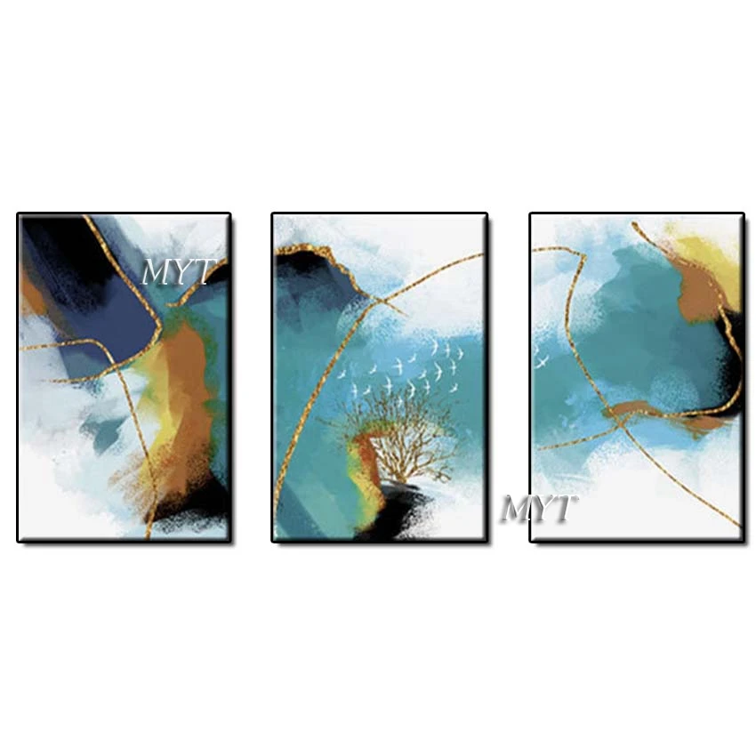 

Hand drawn canvas, sitting room metope art is on canvas blue green bottom aureate line abstract 3 couplet picture