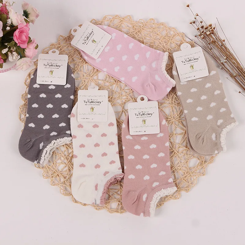 5 пар, модные женские хлопковые носки, новые весенние женские короткие носки Kawaii, красивые носки-башмачки с сердечками