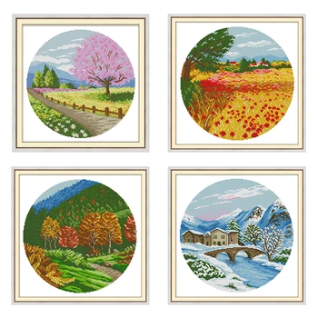 

Spring summer autumn winter beautiful scenery count 11CT 14CT cross stitch kit DIY canvas print fabric embroidery set needlework