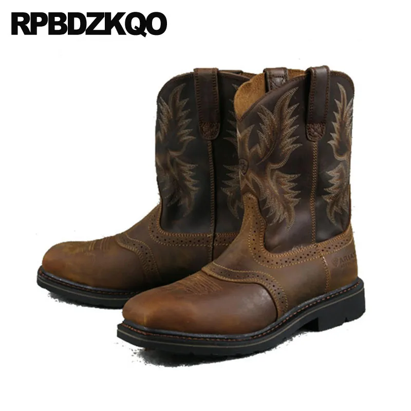 Cowgirl Cowboy Laarzen Heren Lederen Runway Vierkante Neus Tall Slip Op  Schoenen Westerse Staal Bruin Mid Kalf Chunky Patroon 2021| | - AliExpress