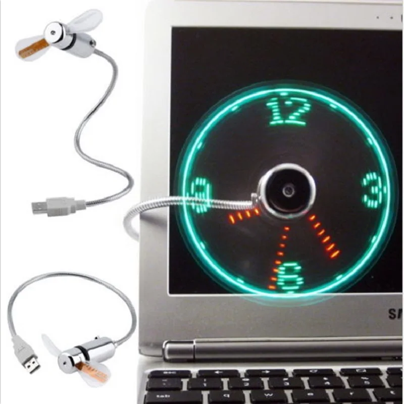 USB Fan Connect PhoDurable Adjustable Mini Flexible Fan LED Light USB Port Time Clock Desktop Clock Cool Gadget Time Display