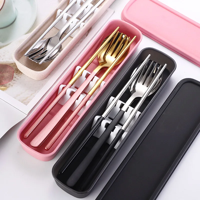 

304 stainless steel spoon chopsticks fork three sets of Japanese student chopsticks spoon portable tableware set