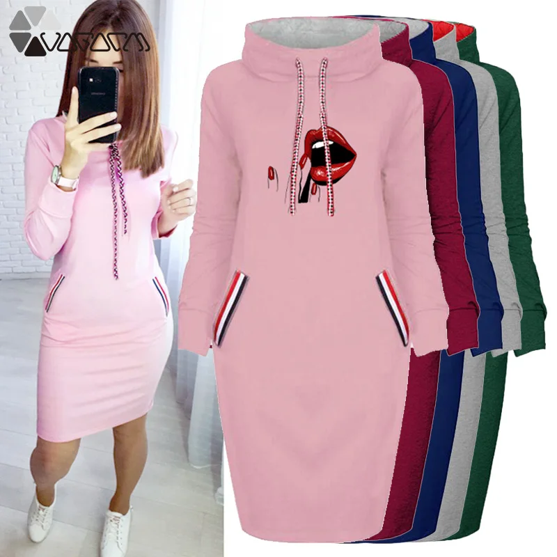 

Women Bodycon Dresses Red Lips Print Long Sleeve Elegant Fake Pocket Autumn Drawstring Slim Short Party Harajuku Streetwear Robe