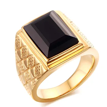 

Big square black agate gemstones Rings for men gold color titanium stainless steel bague jewelry masculine finger band accessory