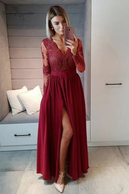 

Burgundy Long Sleeves Prom Dresses 2019 Side Split Appliques Button Back Floor Length Chiffon Party Dress Evening Gowns Cheap