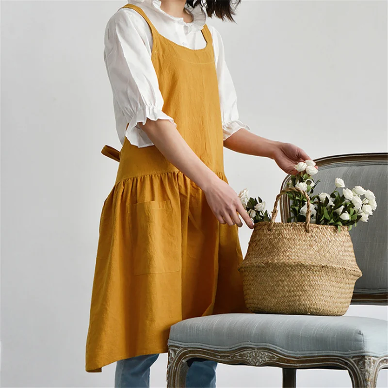 Saim Home Cooking Florist Apron Cotton Linen Kitchen Cafe Apron Women Sleeveless Pinafore Dress Women Cross Back Apron JJ50773