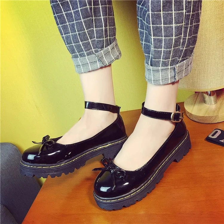 

Student Lolita Shoes College Girl JK Commuter Uniform Shoes PU Leather Mary Jane Shoes Bowknot Platform Shoes