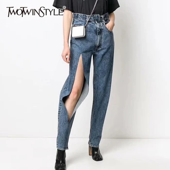 

TWOTWINSTYLE Casual Denim Women Full Length Pants High Waist Ripped Hole Asymmetrical Pencil Pant For Female Fashion Clothes New