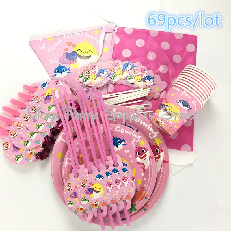 

69pcs/lot Pink Cartoon Shark Disposable Tableware Set Baby Shark Birthday Baby Shower Party Cup Plate Party Decorations Supplies