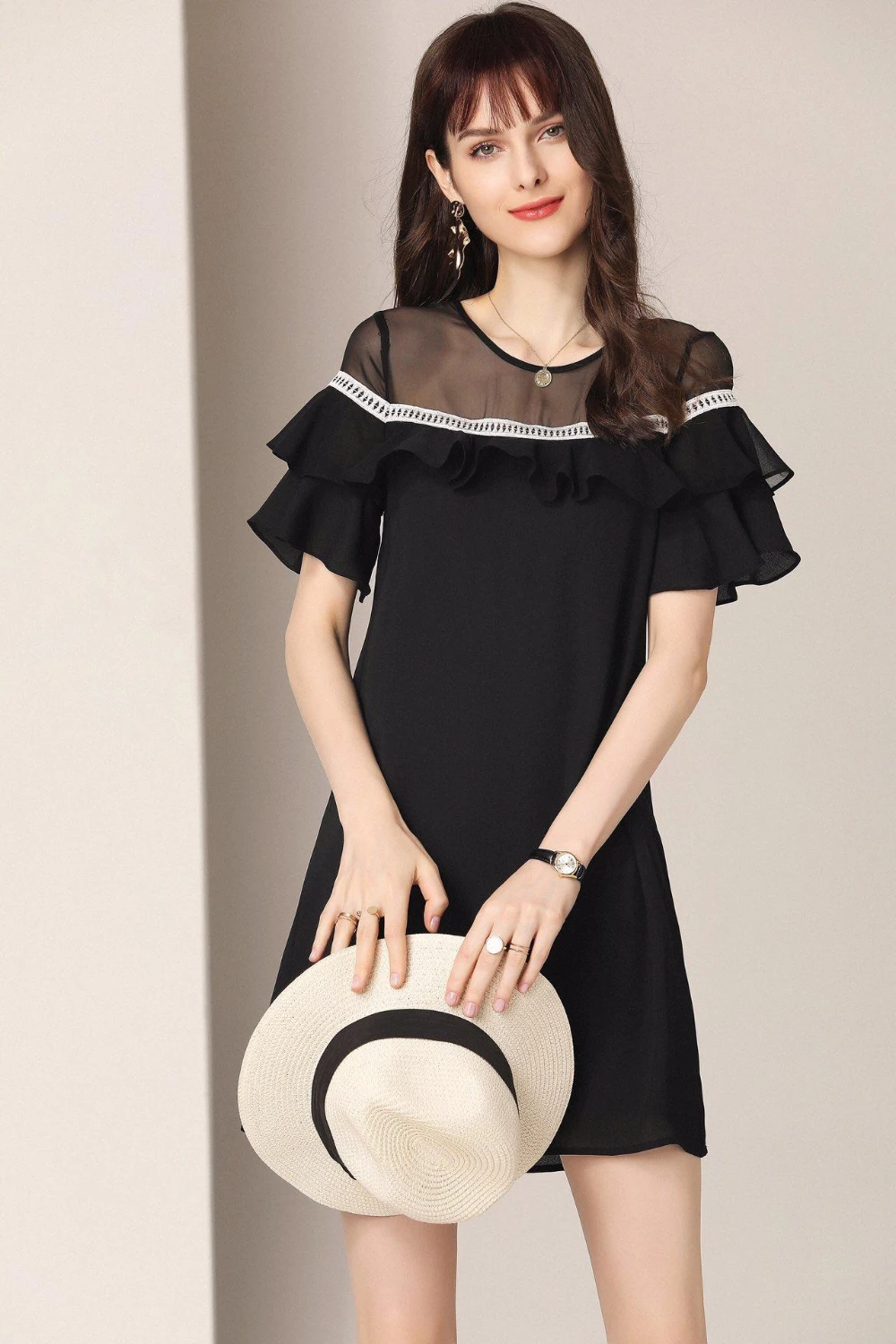 

2019 New high quality Mid-length Cool Summer Round Neck Ruffled A-line Loose Slim Dress Luxury Brand Dress