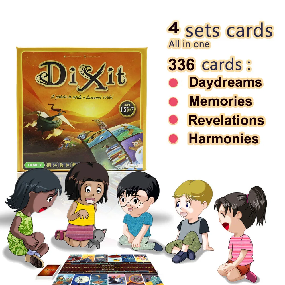 Dixit 6+ 7+ 8+ 9 настольная игра для детей, Обучающие 336 карточки, деревянные игрушки кролики для семьи, вечерние, забавные русские и английские карточки, игра