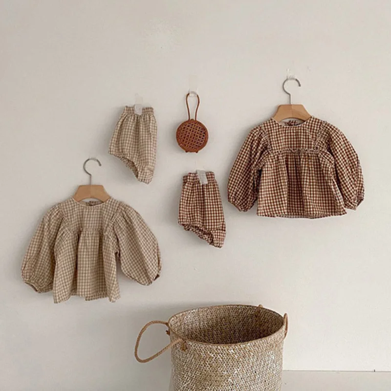 Baby Girls Suit 2022 Baby Girls Clothes Little Plaid Infant Girls Clothes Set Puff Sleeve Blouse + Bloomer 2pcs Toddler Clothes baby clothes mini set
