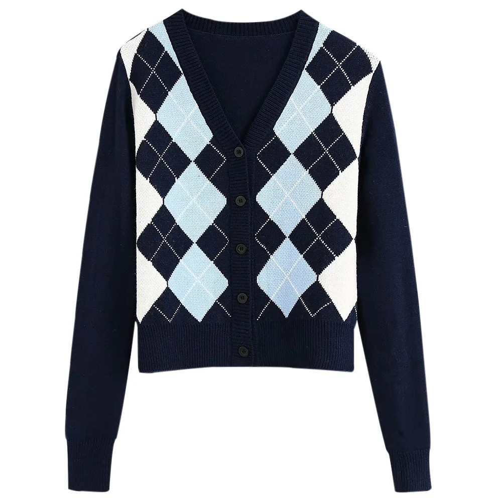 

Muyogrt Women Cardigan Vintage Argyle Short Knitted Sweater Fashion England Style Long Sleeve Plaid Cardigans Sweater Outerwear