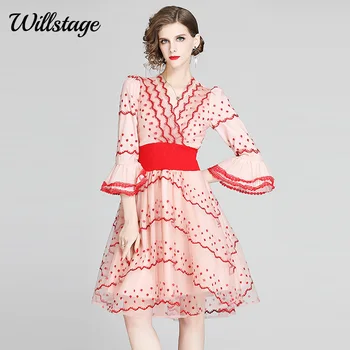

Willstage red party dress ruffles spring socialite gauze embroidery corrugated v-neck elastic waist elastic 2020 Spring Summer