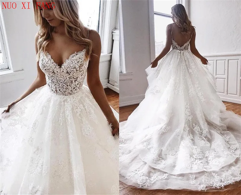 

NUOXIFANG 2020 A Line Appliques White Wedding Dress Sexy Backless Bridal Dress Party Long Tulle Wedding Gowns Vestido De Noiva