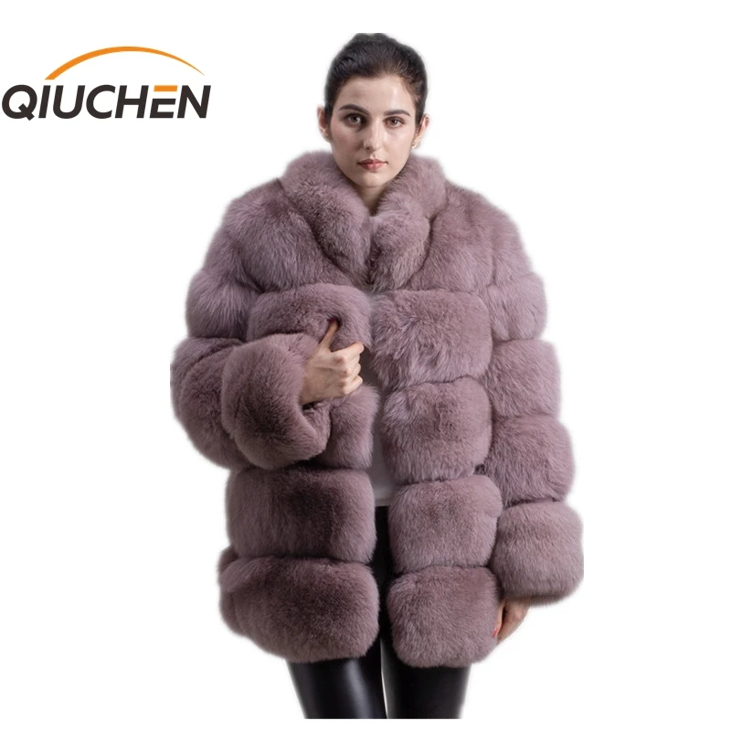 QIUCHEN PJ8142 зима 2020 70 см женская шуба из натурального Лисьего меха с воротником