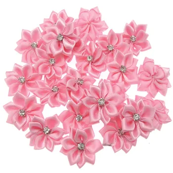 

12pcs 1" Pink satin ribbon flowers white rhinestone appliques artificial flowers for craft sewing wedding decoration 2.8cm
