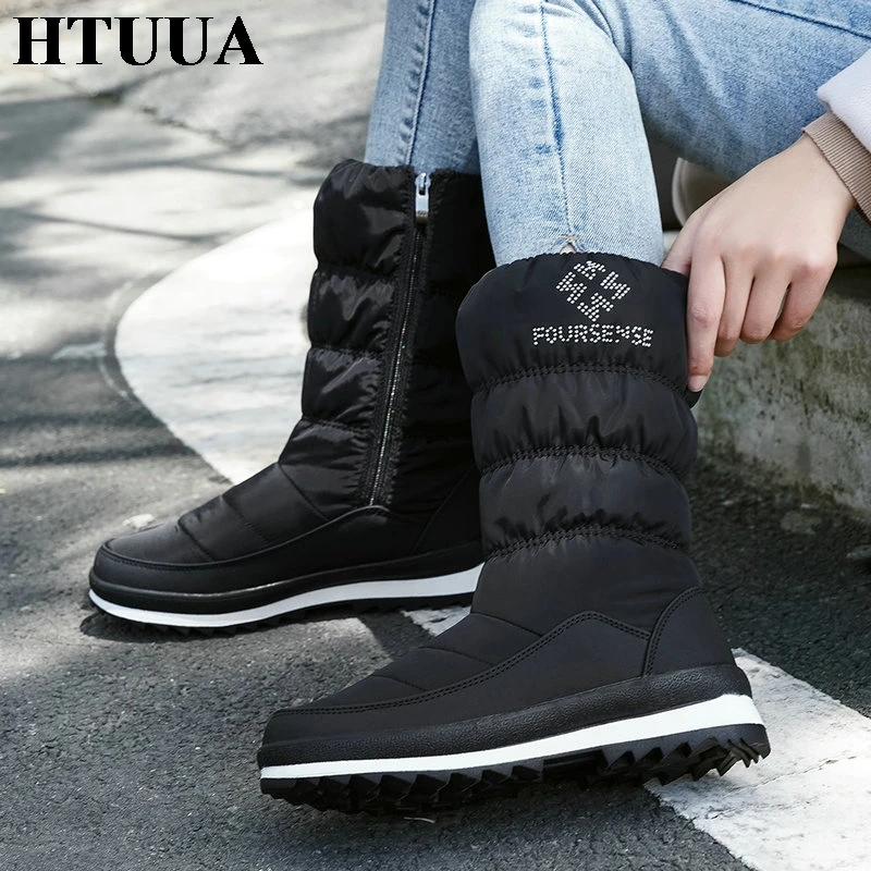 

HTUUA Quality Waterproof Down Fabric Winter Boots Women Black White Warm Fur Plush Mid-calf Snow Boots Female Winter Shoes S3444