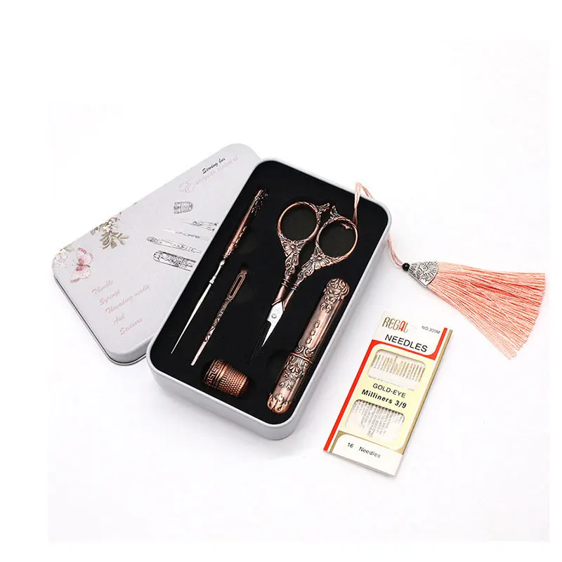 7Pcs/sets Vintage Scissor Sewing Tool Set Embroidery Scissor Needle Case Needle Bottle Sewing Thimble Antique Craft Sewing Tool