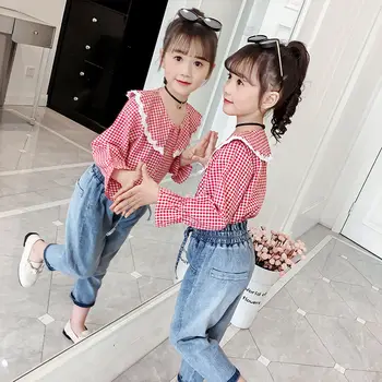 

Hot Baby Girls Clothes Sets 4-13 years old Spring and Autumn 2-pieces-sets Plaid Blouses and Jeans Kids Clothing Doll Collar