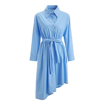 

Cerulean Blue Modest Day Work Shirt Dress Office Ladies Irregular Long Sleeve Pleated Sashes Cotton Plus Size Casual Femme Tunic