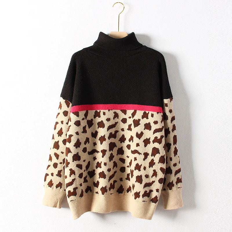 Leopard stitching Женский свитер с леопардовым принтом, водолазка с длинным рукавом, пуловеры с животным принтом, плотные мягкие женские повседневные топы, цветная трикотажная одежда - Цвет: Leopard stitching