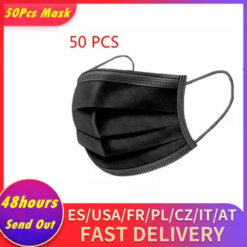

50Pcs Black Anti Dust Mask Masque Non Woven Disposable Mouth Face Mask 3 Layer Dustproof Elastic Earloop Mask Adults Mascherine