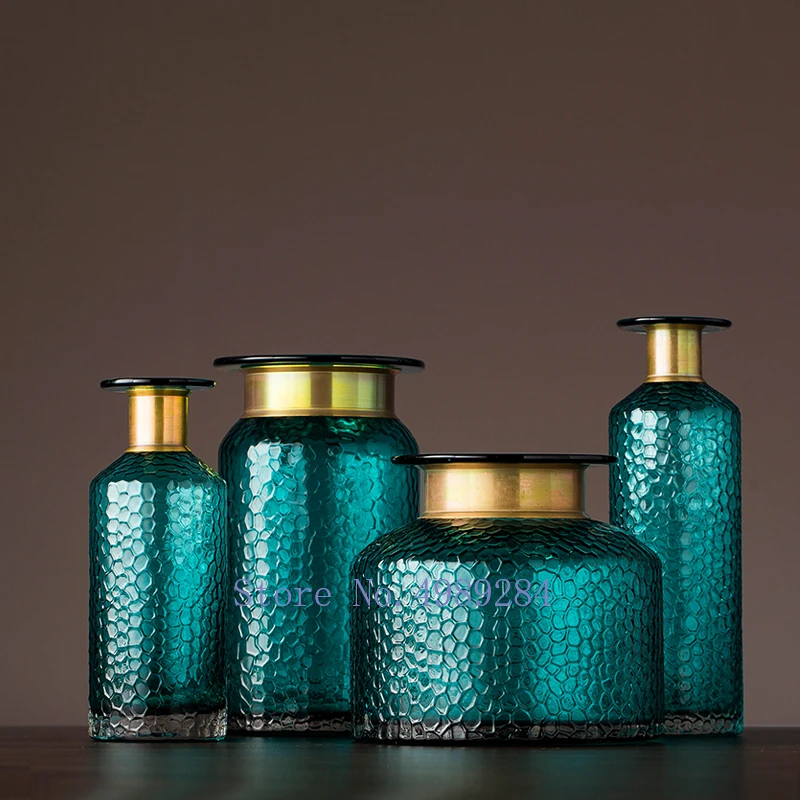 Центральная часть зеленая стеклянная ваза Золотая инкрустация дизайн сушеная Цветочная ваза домашний декор Шестигранная резная ваза-мозаика