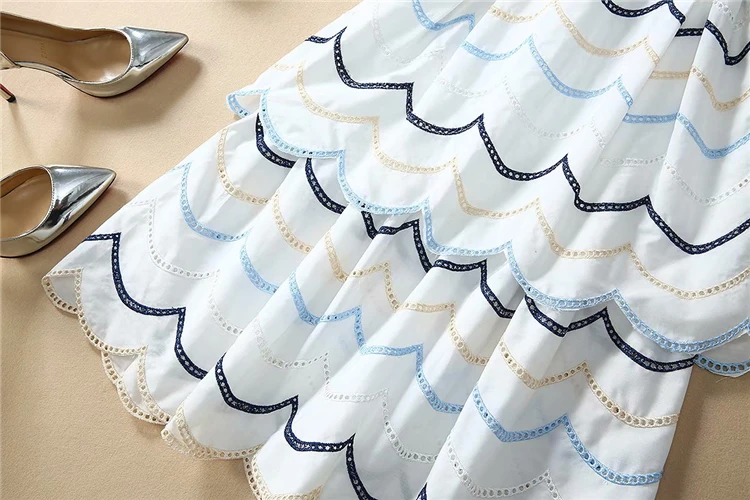 Truevoker Summer Runway Dresses Women's Multicolor Striped Embroidery Cutout Midi Vestidos Resort Cotton Robe Femme Ete