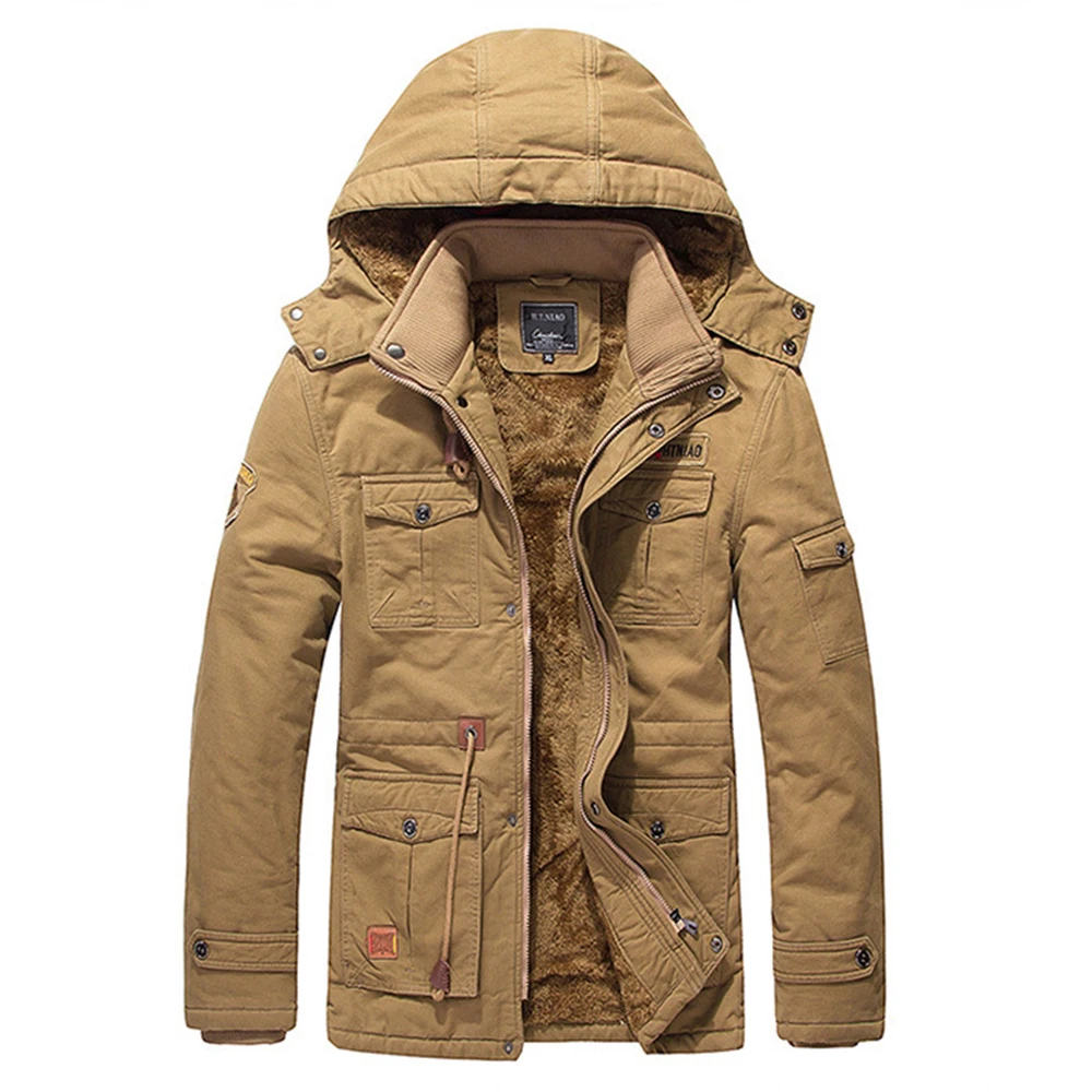 

Puimentiua 2019 New Brand Winter Jacket Men's Plus Velvet Warm Hooded Tooling Wind Wash Tactical Jacket Men's Coat Plus Size