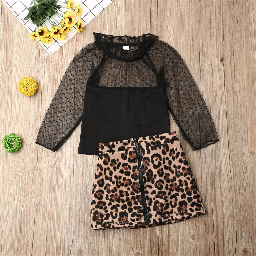 Детский комплект из 2 предметов; одежда для малышей; одежда для маленьких девочек; кружевная блузка; черная рубашка; топы; леопардовая юбка; комплект одежды