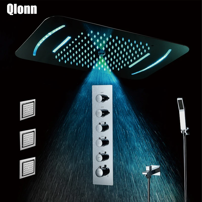 

Mist Rainfall Waterfall Shower Head LED Light Showerhead Thermostatic Shower Faucet Mixer Embedded Ceiling Mounted Shower Set