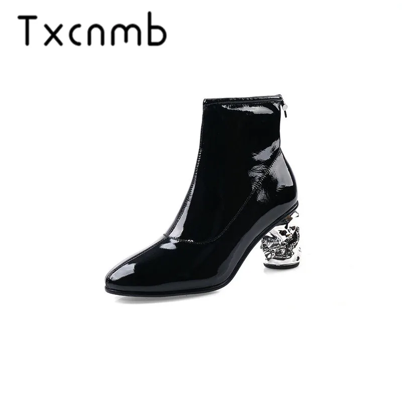 

TXCNMB 2019 Winter Genuine Leather Boots Women Ankle Boots Zipper Strange High Heels Chelsea Boots Short Boots Party Shoes Woman
