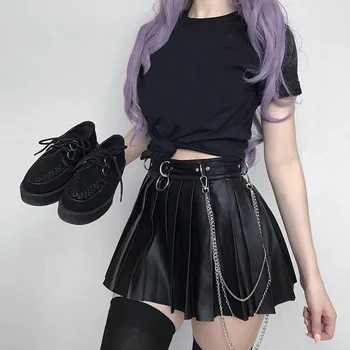 

2020 Harajuku PU Leather Mini Skirt Gothic A-Line Chain Women Casual Black Skirts High Waist Zipper Solid Mini Skirt Ladies