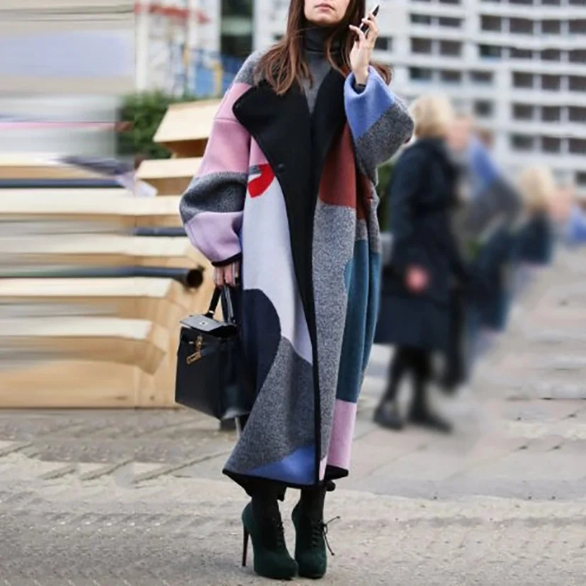 

Popular autumn and winter fashion color matching Lapel digital print overcoat for women