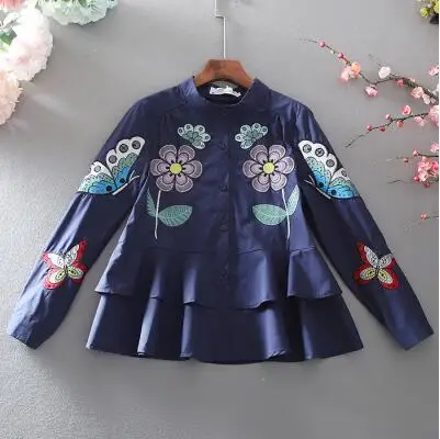 navy blue Женская Весенняя Осенняя Повседневная Свободная хлопковая рубашка с длинным рукавом и воротником-стойкой, Дамская блузка с вышивкой TB3965 - Цвет: navy blue