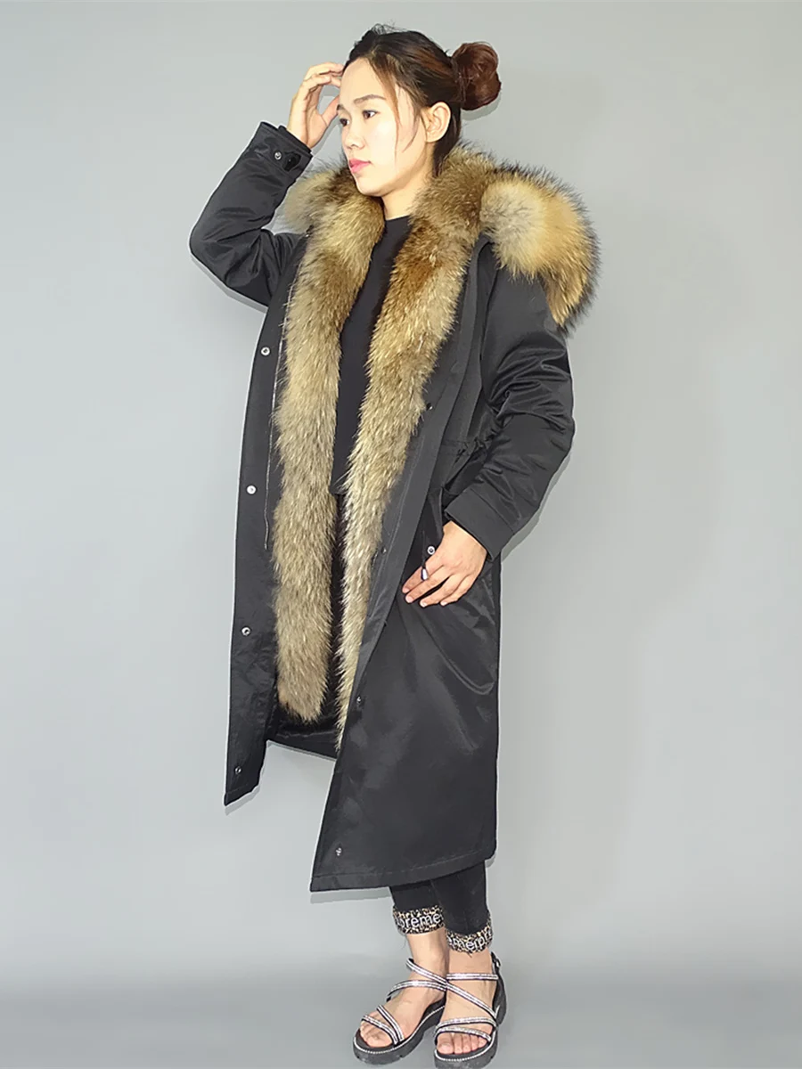 Parka King 90cm Long Whole Skin Pelt Muskrat Raccoon Fur Lining fur coat parkas winter coat women parka Large Raccoon Collar Red