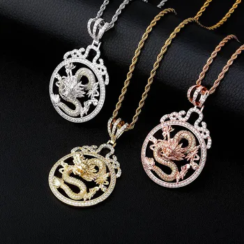 

Hip Hop Claw Setting AAA+ Cubic Zirconia Bling Iced Out Chinese Totem Shenlong Dragon Pendants Necklaces for Men Rapper Jewelry