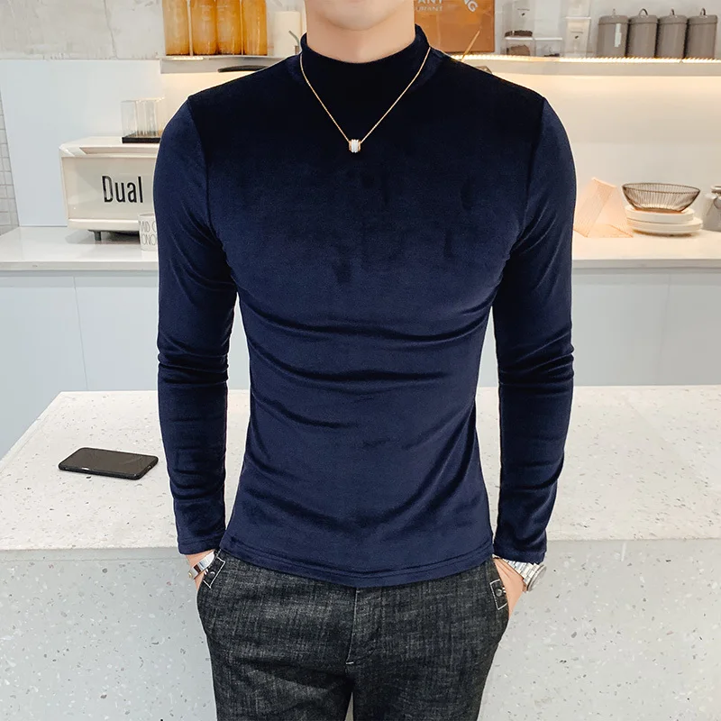 navy blue Роскошная мужская футболка, теплый, Облегающая посадка, эластичная бархатная водолазка, Мужская Уличная одежда с длинным рукавом, футболка, Осенние Вечерние - Цвет: navy blue