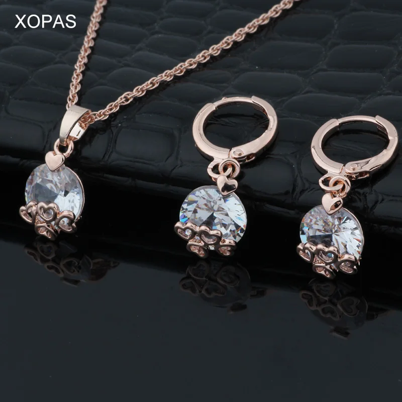 

XOPAS Round Cute Pendant Necklace Earrings Set With 585 Rose Gold Color Chain Delicated Wedding Bridal Jewelry Set