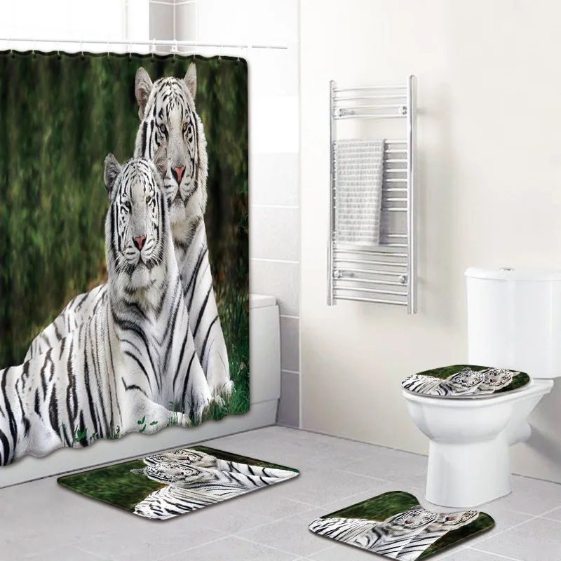 tiger Print Shower Curtain 4 Piece Carpet Cover Toilet Cover Bath Mat Pad Set Bathroom Curtain 12 Hooks