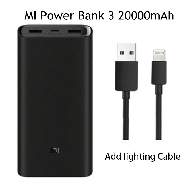Xiaomi mi внешний аккумулятор 3, 20000 мА/ч, быстрое зарядное устройство, внешний аккумулятор, 3 порта, выход PD Xiao mi, 20000 мА/ч, внешний аккумулятор - Цвет: add Lighting cable