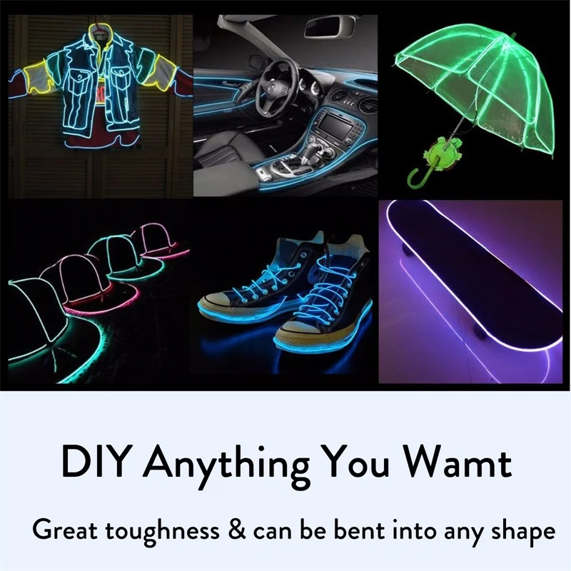 1M 3.28ft Flexible Neon Light Glow LED EL Wire Rope tape Cable Strip LED Neon Lights Shoes Clothing Car waterproof + Drive 1M 3.28ft Flexible Neon Light Glow LED EL Wire Rope tape Cable Strip LED Neon Lights Shoes Clothing Car waterproof + Drive