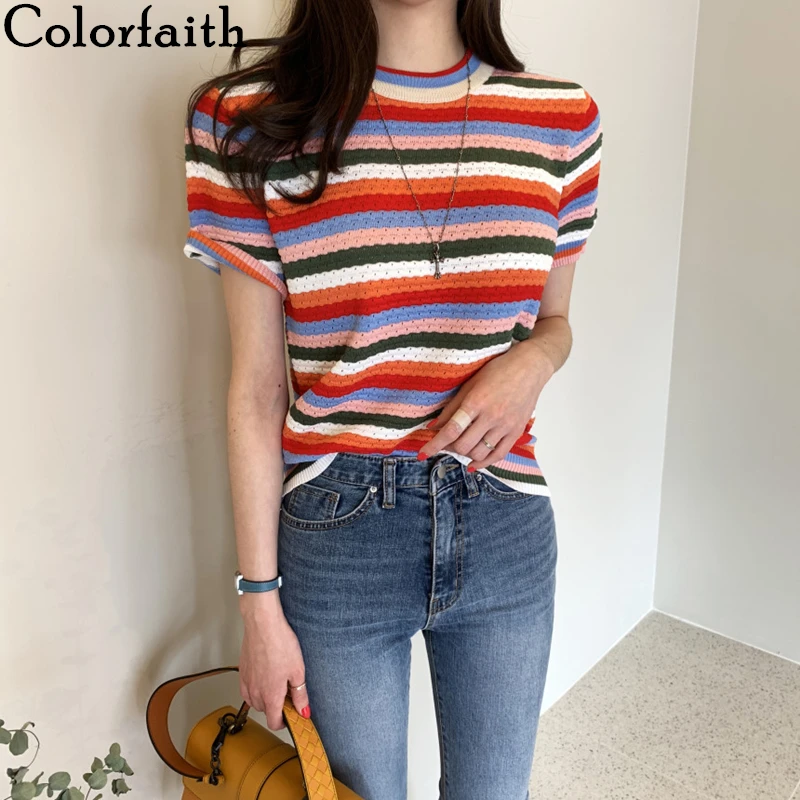 Женские летние футболки Colorfaith повседневные модные вязаные разноцветные Топы в