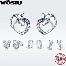 WOSTU Горячая 925 пробы серебряные серьги гвоздики для женщин кошка любовь, сердце, кубический циркон серьги вечерние свадебные модные ювелирные изделия